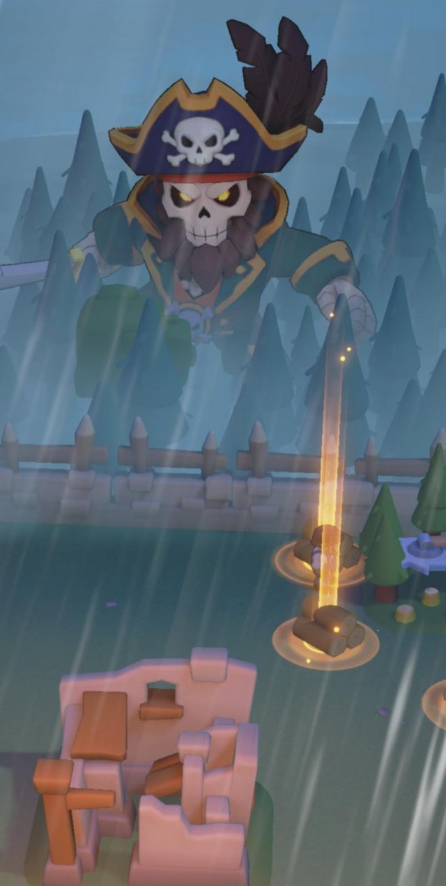 a giant pirate skeleton about to attack the camp