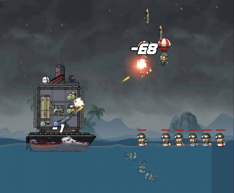 Ahead of the Game - Fleet Fortress is roguelike tower defence with merging and space management (whew!) 1 a ship at sea shooting enemies