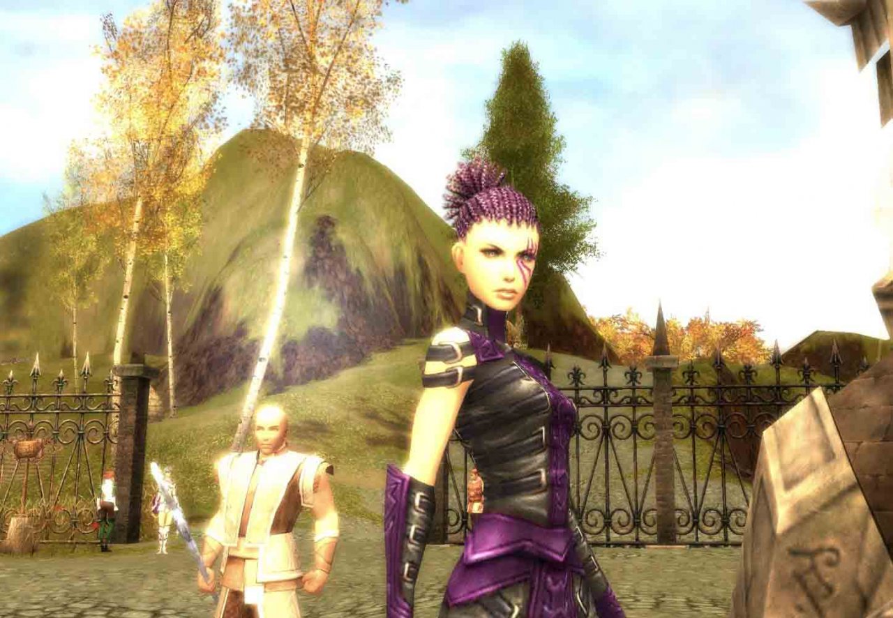 female necromancer with purple themed outfit