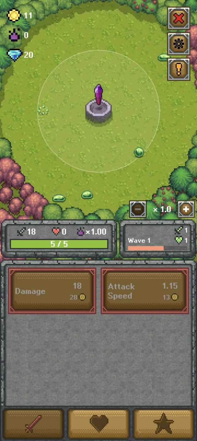 a purple gem tower in the middle of a green field