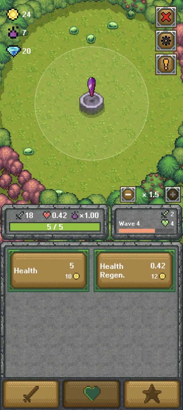 green slimes attacking a tower, with health upgrades in the menu below