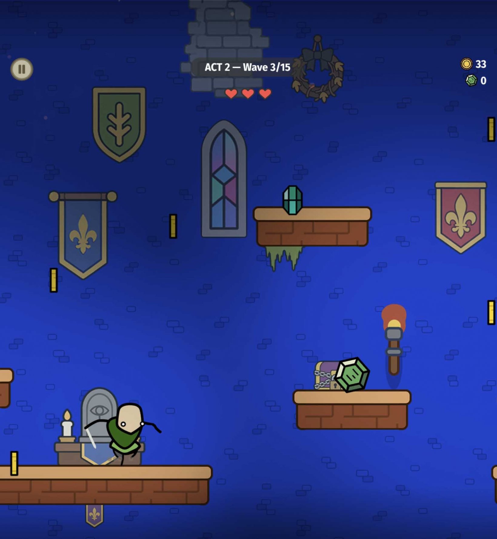 a hero leaping through platforms in a blue dungeon