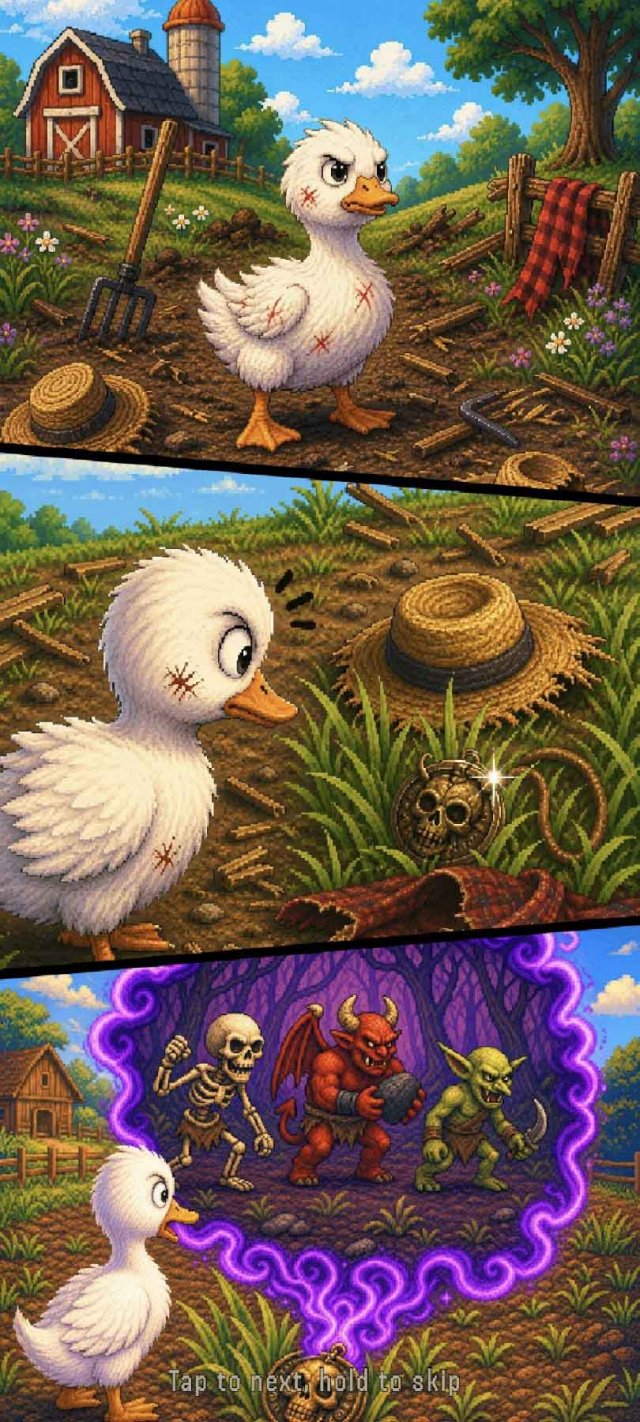 an angry and beat-up goose unlocking a magic portal to the underworld