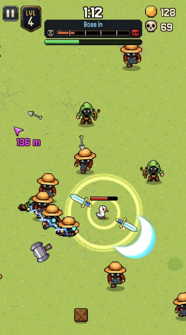 a baby goose fighting against incoming humans using a rotating sword