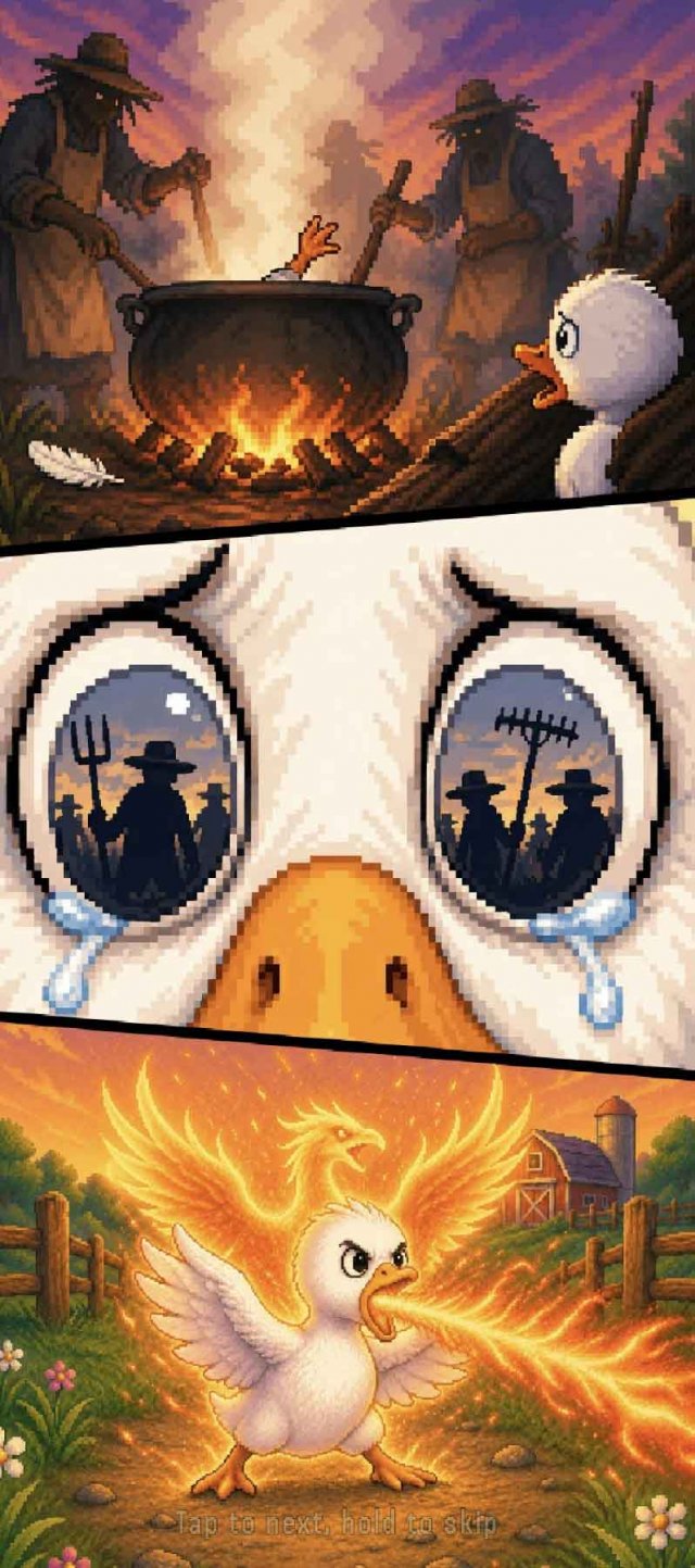 a pretty morbid storyboard panel where a baby goose sees his mother being cooked in front of him