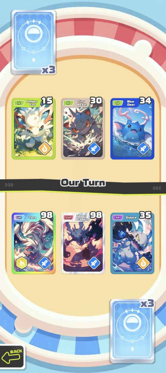 six cards with cute creatures battling each other on a table