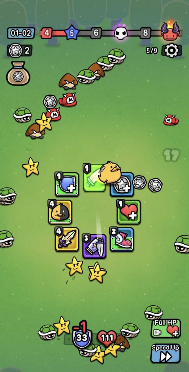 a duck stepping on tiles in the centre of a field with Mario-themed enemies attacking from all sides