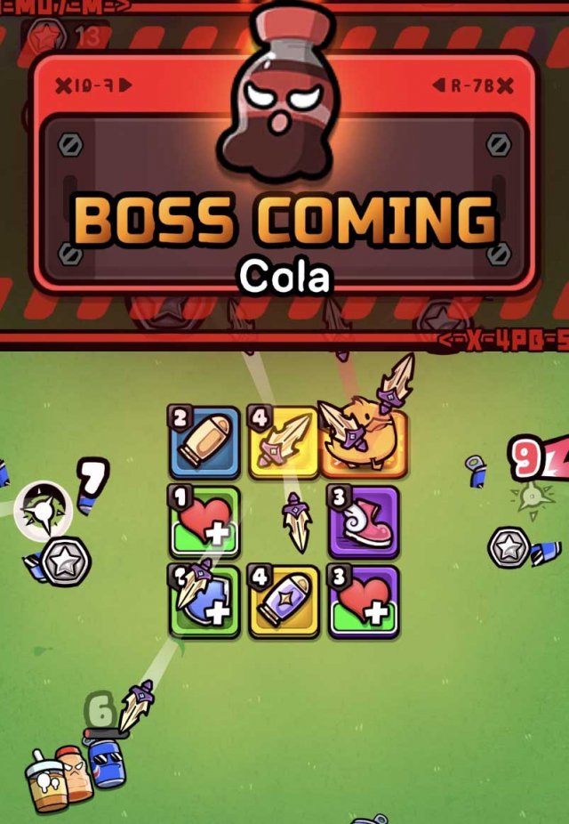 a duck on a grid in the centre of a field with sodas attacking and a boss cola incoming