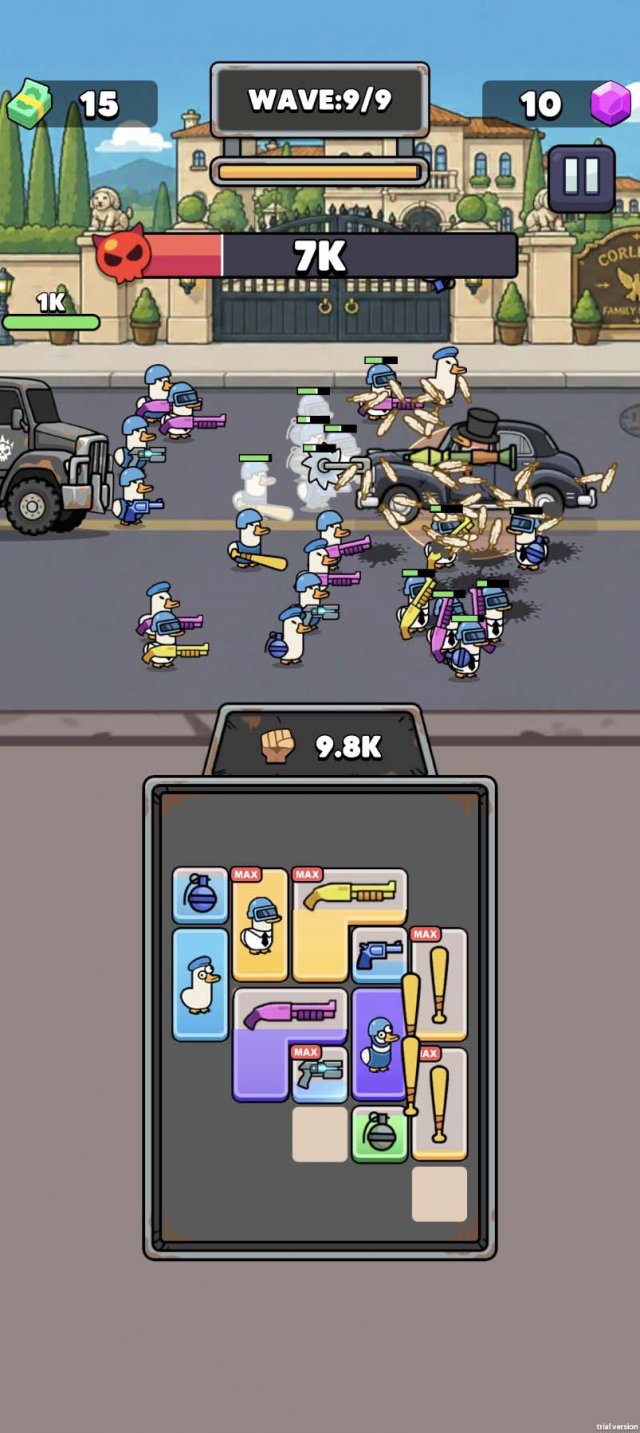 a grid for backpack management and a street brawl with ducks waving around bats and guns