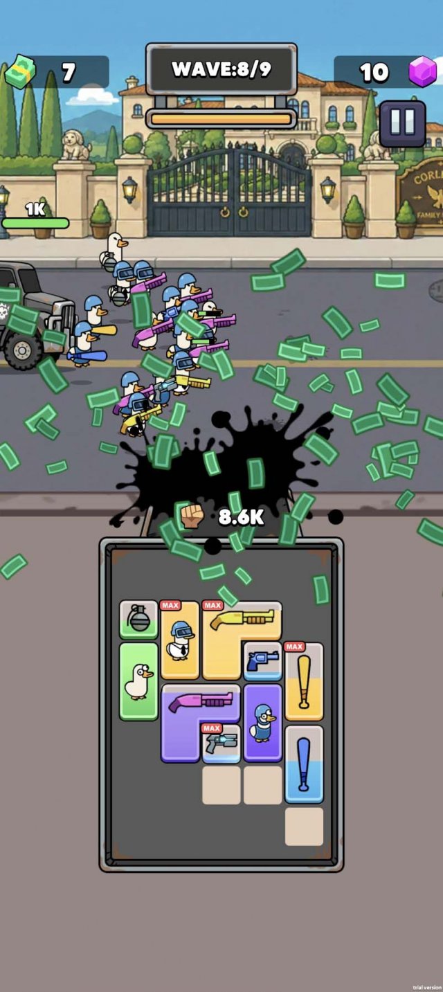 an explosion of cash on the screen after a bunch of weapon-wielding ducks win a fight