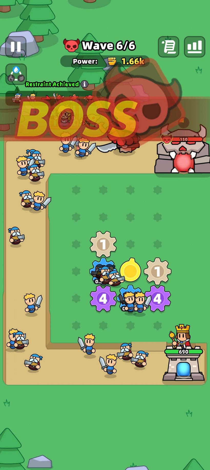 a green field in the middle with a road where knights and enemmies are fighting in a boss battle