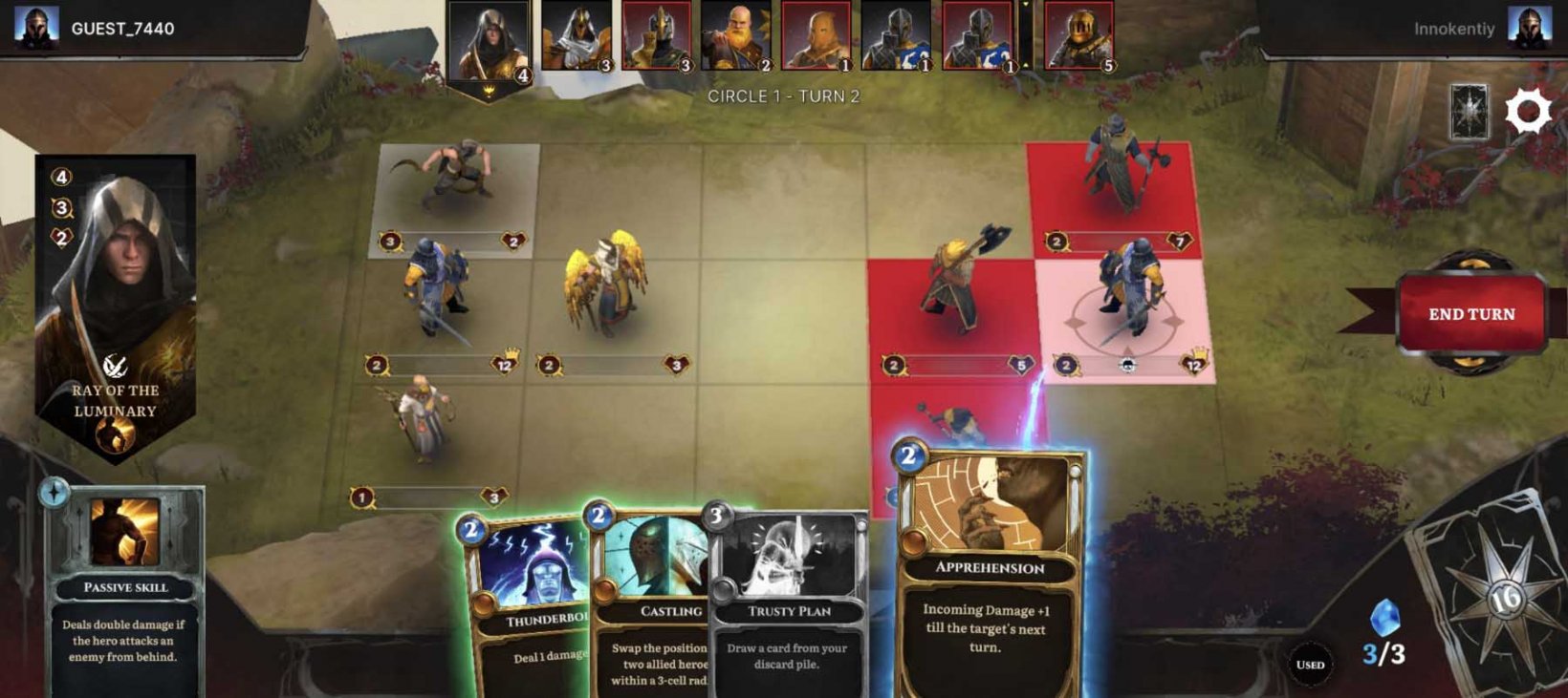 heroes deployed on a battlefield showing the grid for moves and spell cards