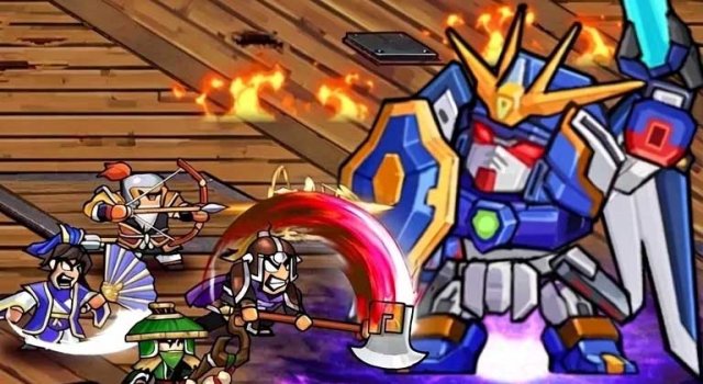 three ancient warriors fighting against a robot that looks like a gundam