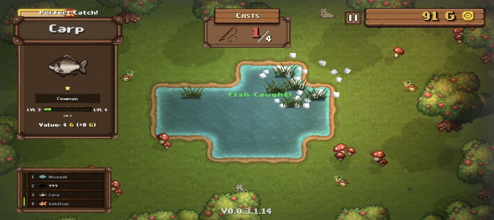 a pond surrounded by greenery where you tap to catch fish