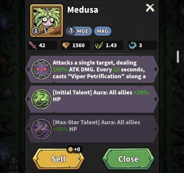 medusa hero with her stats and skills