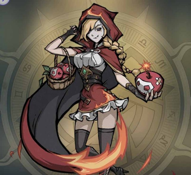a girl in a red cloak holding poisoned apple bombs