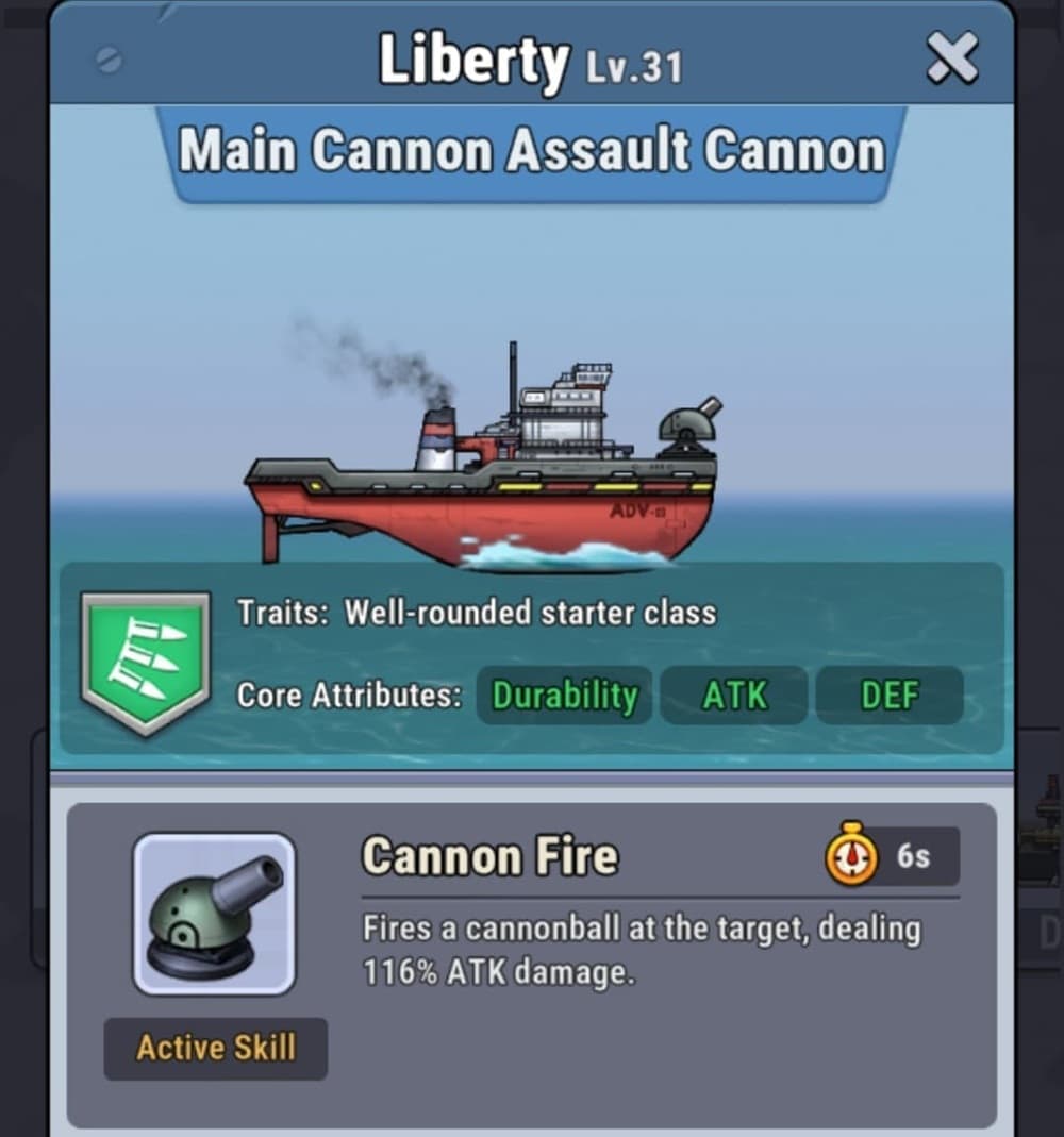 An image of a red-bottomed ship resembling a cargo ship that's situated in a game screen highlighting different stats and weapons.