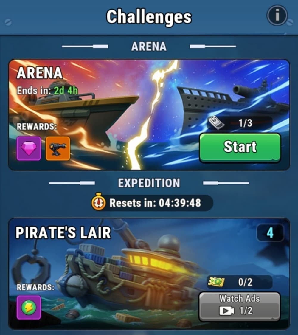 A series of challenges on display with different titles in a column, showing various ship-based enemies and high-tech robotic foes