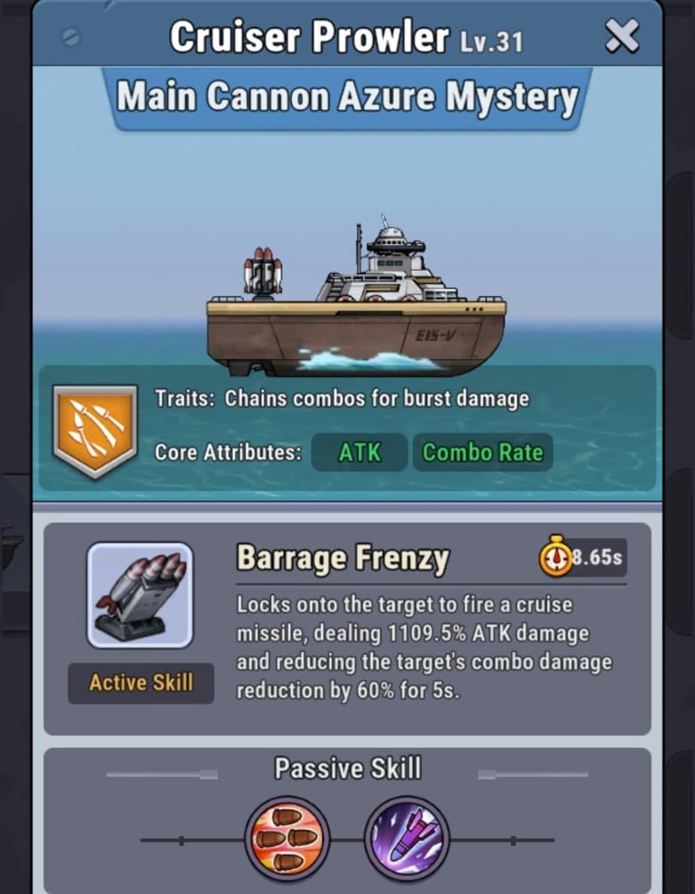 An image of a brown-hulled ship that has a dark railing in a screen displaying stats.