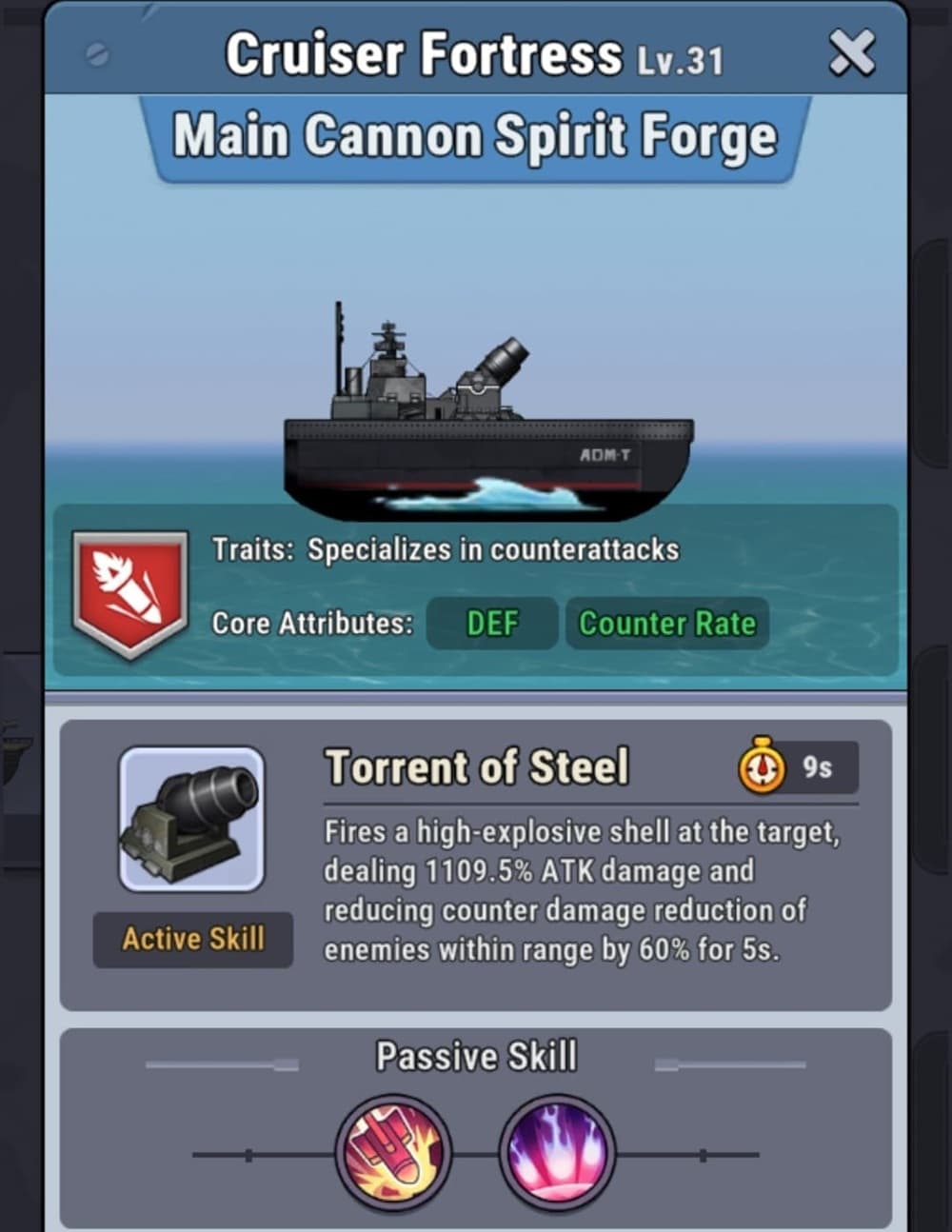 An image of a black-hulled, squat ship in a screen displaying stats and numbers.