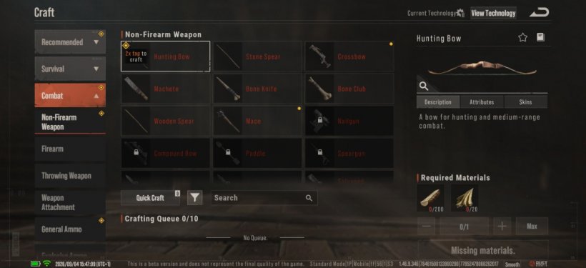 A menu that depicts the crafting requirements for the hunting bow