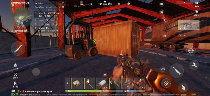 Armed with a Scrap SMG the player approaches a shipping container with a forklift beside it