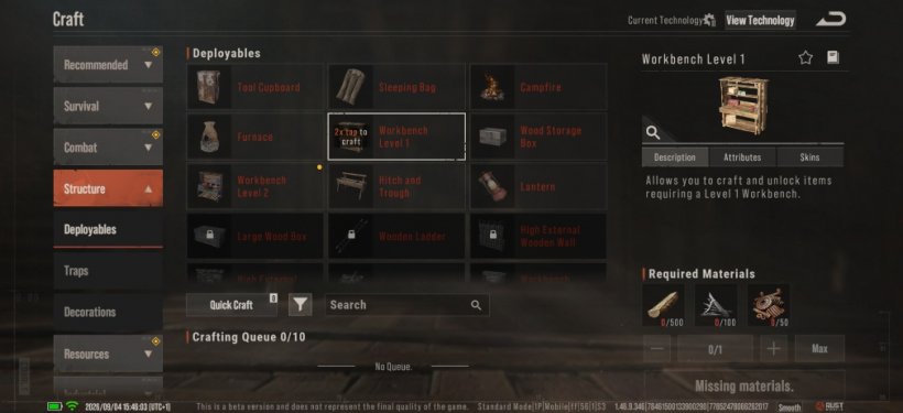 The resource requirements fo the Workbench in Rust Mobile