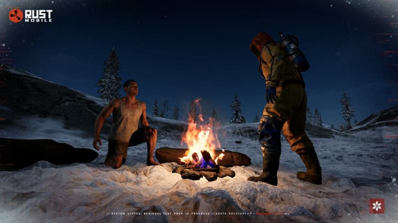 An image of two people by a campfire, one is standing and dressed in heavy coveralls and gas mask, the other is kneeling but looks about to jump to his feet as he regards the other nervously.