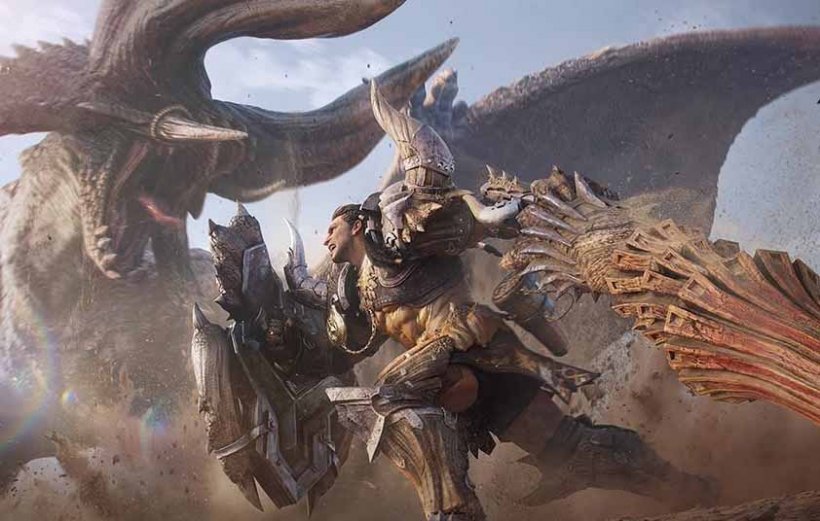 a warrior with a shield fighting a huge monster