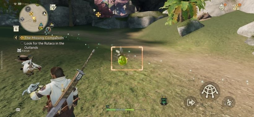 An image of a hunter aiming at a large flying bug, checking their wrist mounted net launcher.