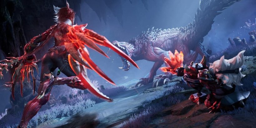 An image of a fancily dressed hunter in red gard attacking a large monster, they are accompanied by a small creature helping them.