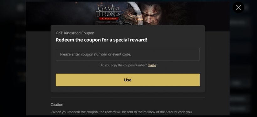 Game of Thrones: Kingsroad's code redemption screen