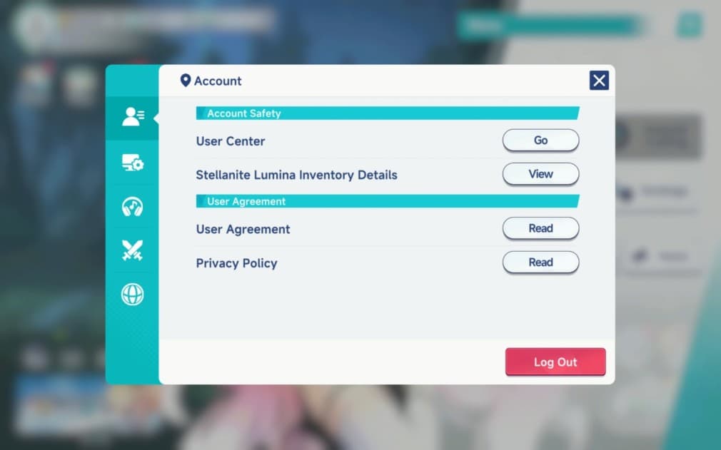 account menu in settings with the log out option