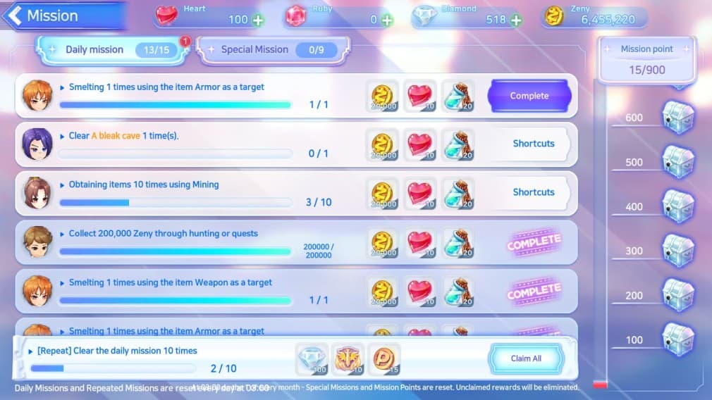 board with all the available missions