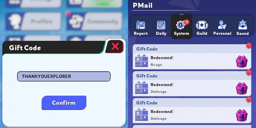 Side by side screen shots of gift code textbox and gift code reward emails