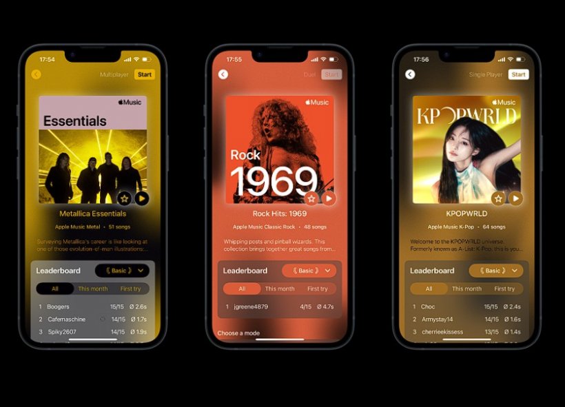 3 iphones with songs on apple music running on them