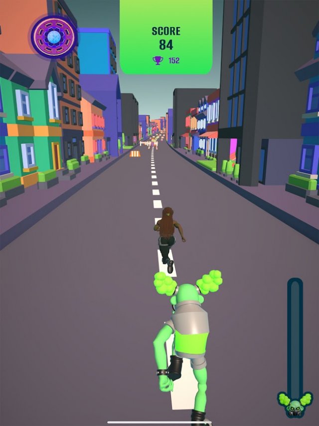 a girl running in a city with a robot behind her