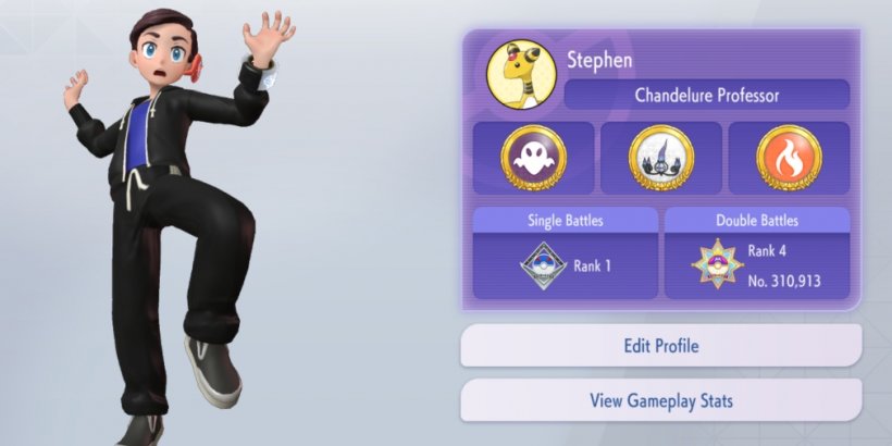 A Pokemon Champions character stands in a frightened pose by their profile