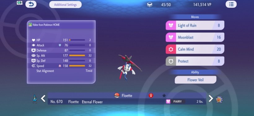 Floette sits in the centre of the screen with its stats, abilities and moves around it