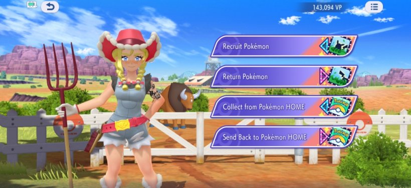 A character dressed as a rancher stnads next to the recruitment options while a Tauros stands in the background