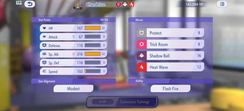 Pokémon Champions' training screen