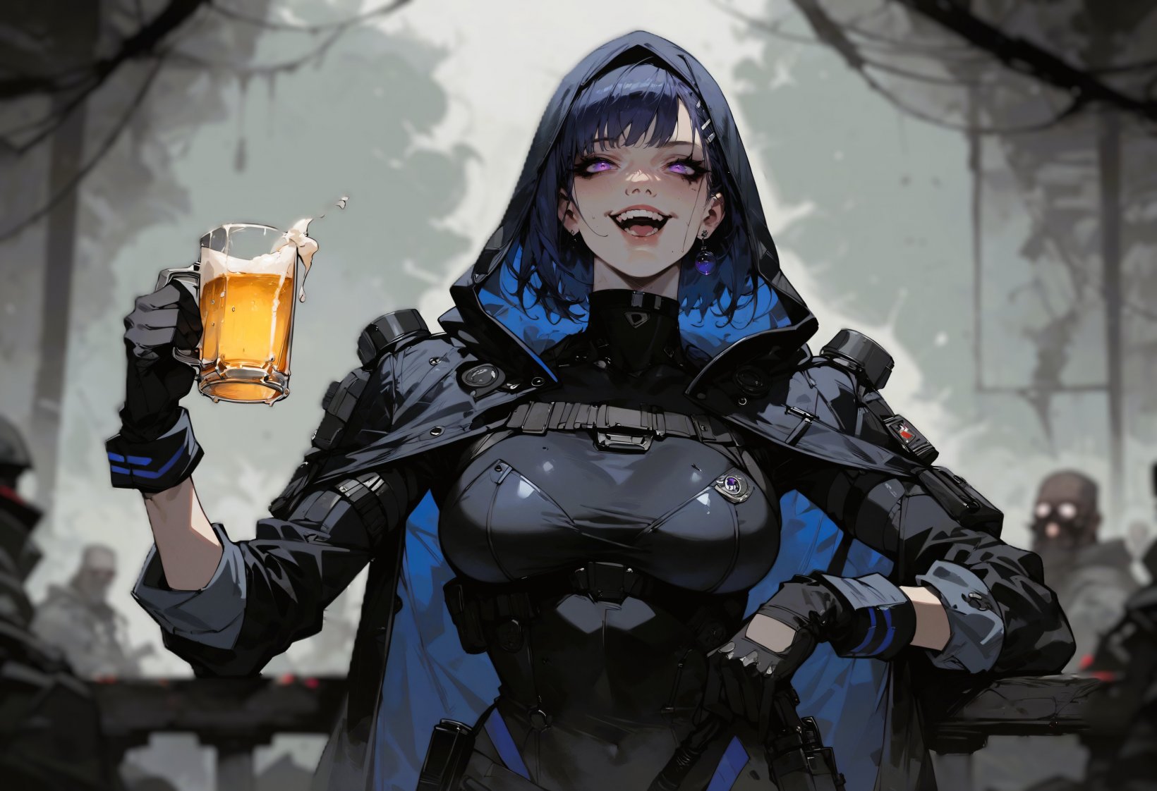 a woman in a black costume smiling and holding a beer