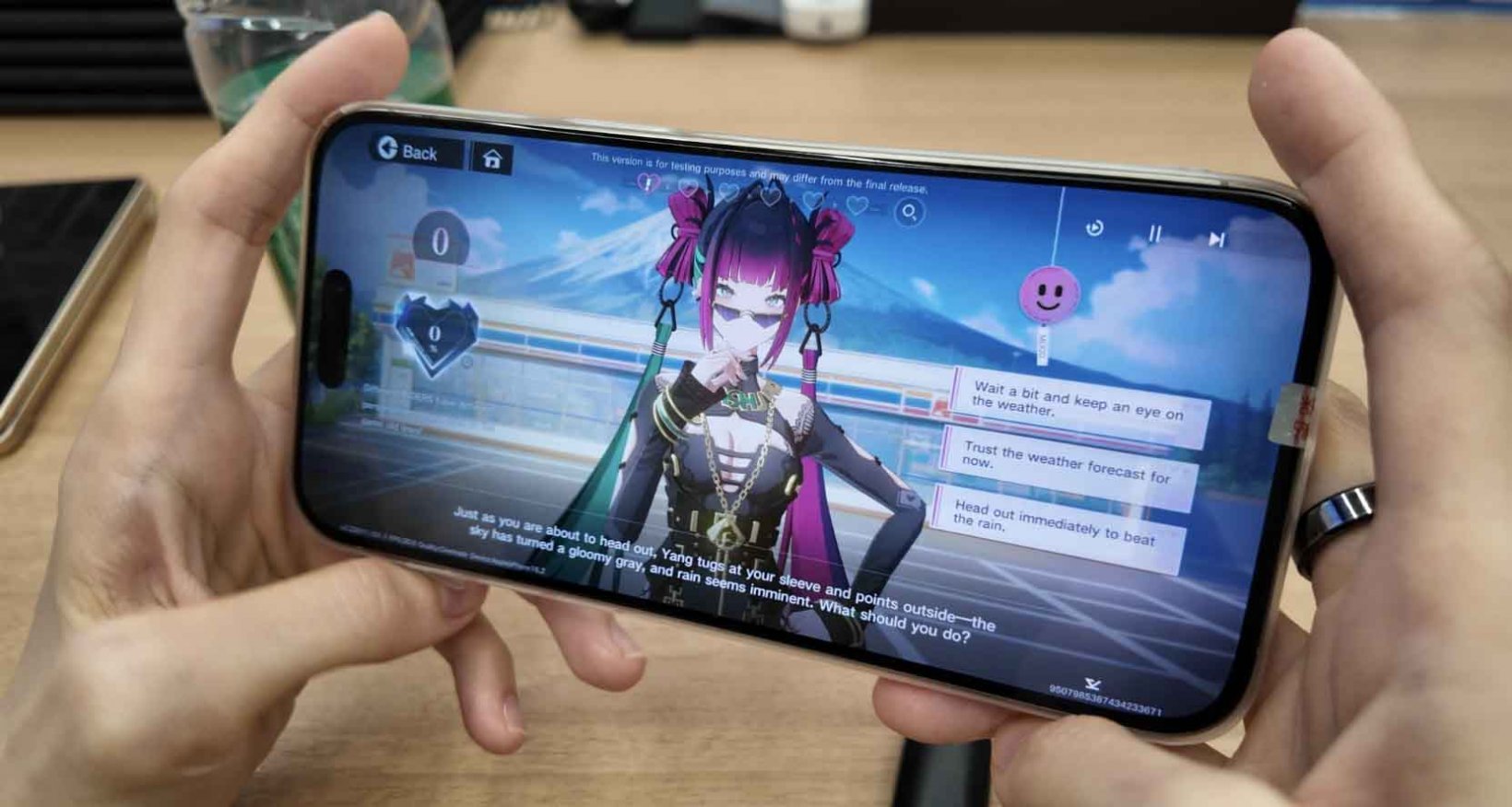 a female character with purple hair asking a question with dialogue options