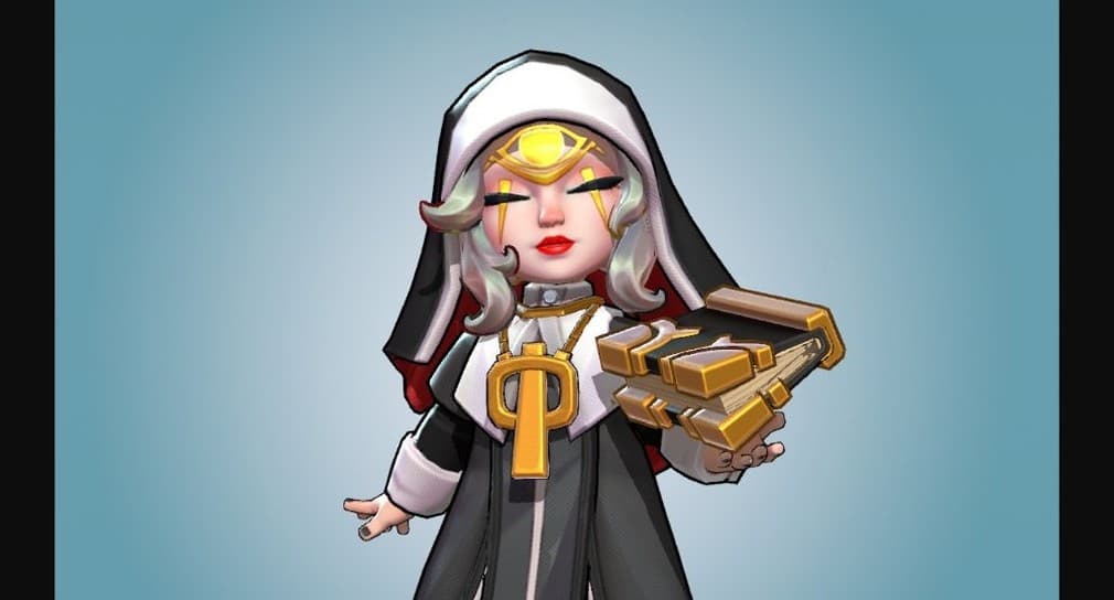 hilde a nun hero holding a book and dressed in nun specific clothing