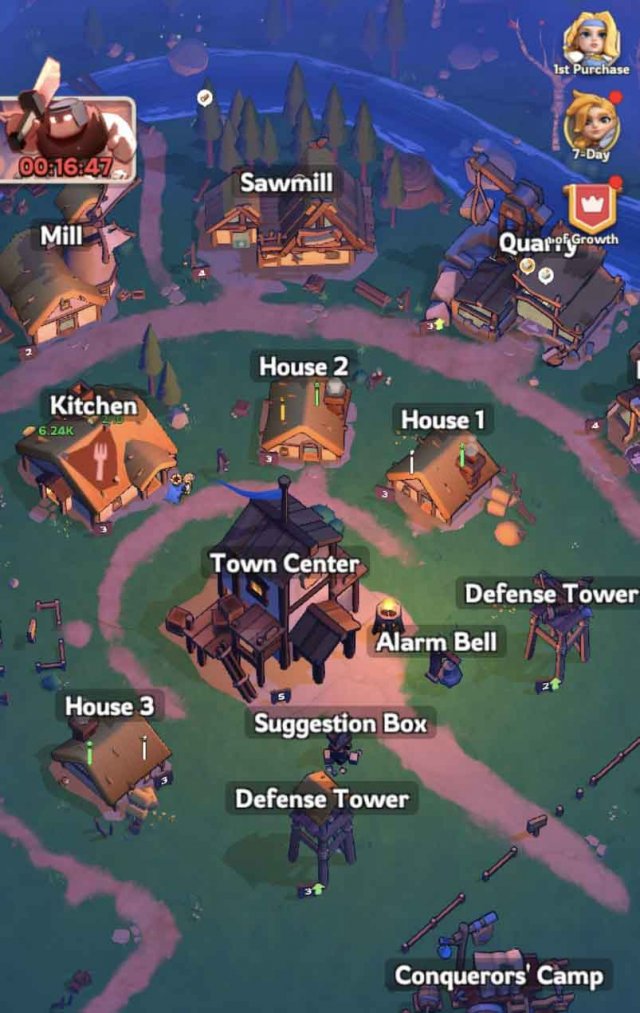 a town with different buildings during sunset