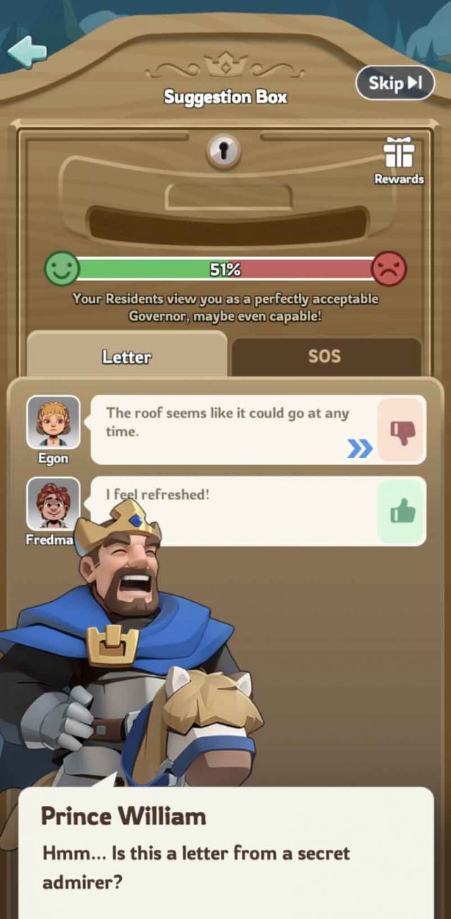 a suggestion box with citizens' complaints and an oblivious king