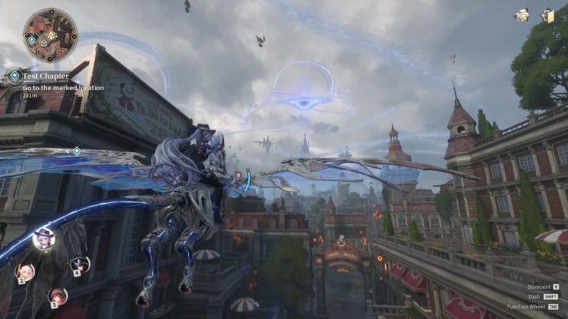 A well-dressed woman in black flies through the air atop a silver horse with blue wings.