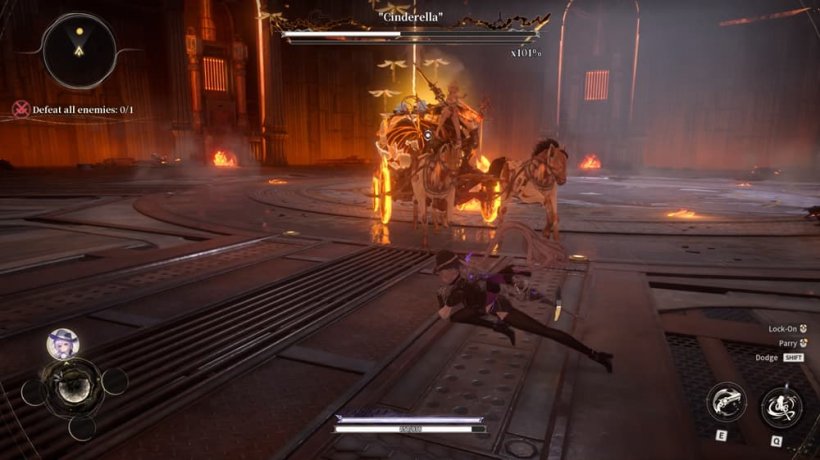 A woman on top of a carriage made of fire dressed like Cinderella bears down on a woman dressed in black.