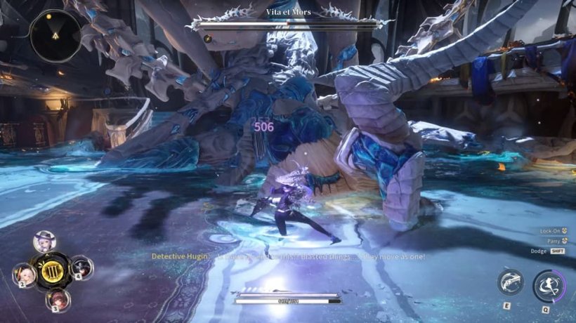 An image of a well-dressed woman in black fighting two enormous feminine statues with blue patches between marble skin.
