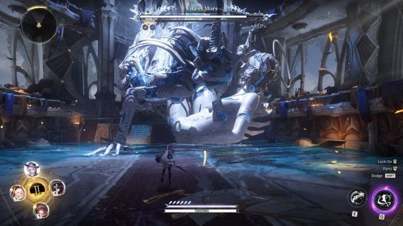 A well-dressed woman in black faces down two enormous statue creatures with marble skin and blue patches.